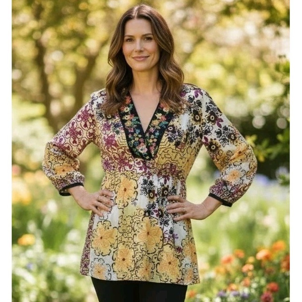 Johnny Was Boho Silk Mixed Floral Patchwork Embroidered Tunic Blouse Plum SZ S